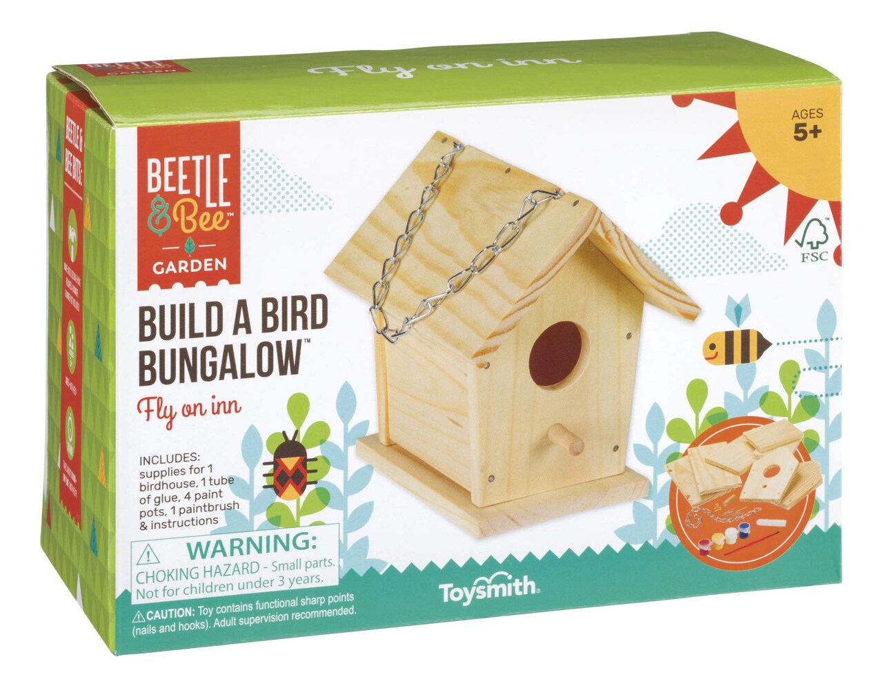 Build A Bird Bungalow - DIY Kid Art Craft Outdoor Birdhouse Kit, House Painting Kit for Kids, Hardware Glue Included- 4 Paints, 1 Brush, 7 Wooden Pcs, Chain For Tree Hanging Age 5+